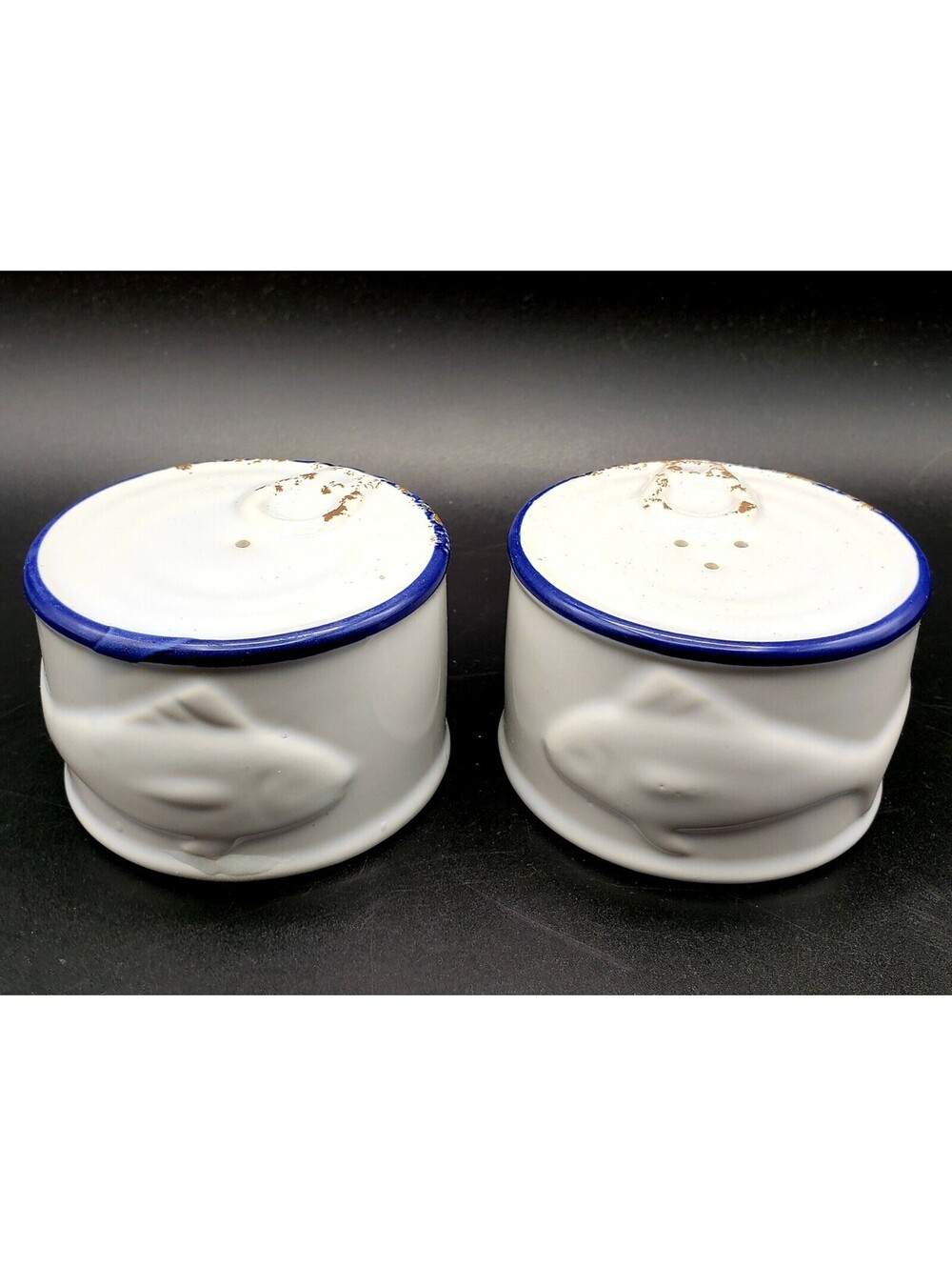 Two's Company Ceramic Salt & Pepper Shakers Tuna Fish Can Distressed White Blue